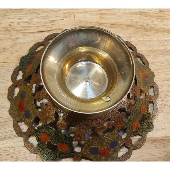 VTG India Brass Enamel Cut Out 8” Pierced Pedestal Bowl With Scalloped Edge - Picture 2 of 7